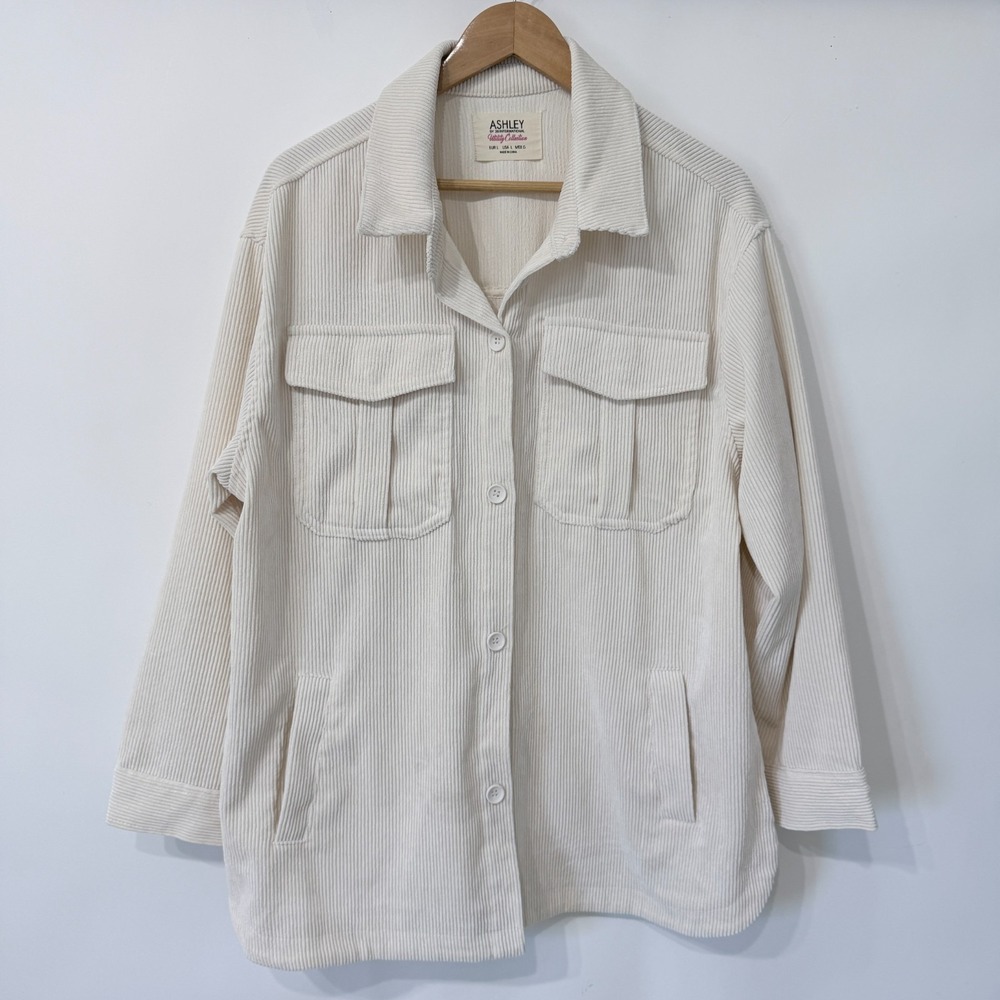 Ashley by 26 International Wide Wale Corduroy Utility Shirt Jacket Large Cream‎